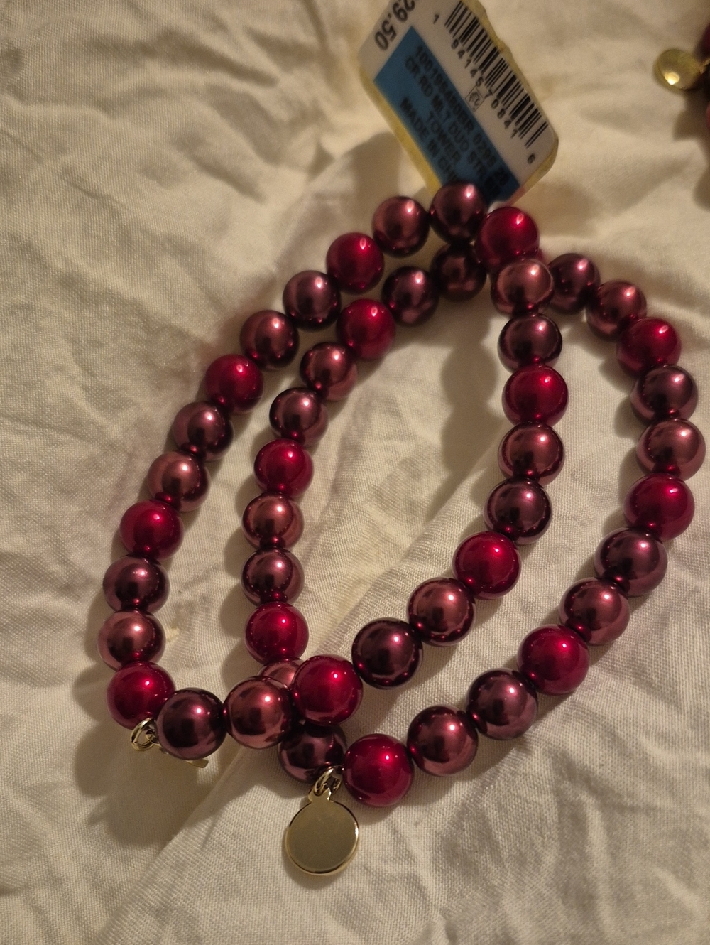 Red Metallic Bead Stretch Bracelet Set with Gold Charm